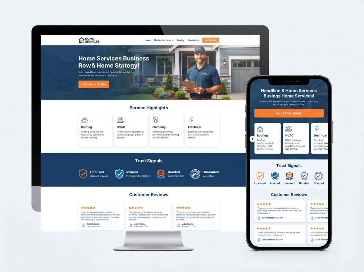 DDM Concept Design: home services website redesign showing a clean professional homepage with service highlights, trust credentials, customer reviews, and a prominent Get a Free Quote CTA alongside mobile layout