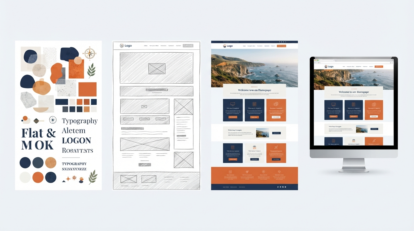 DDM design process sequence showing four stages: moodboard with color swatches and typography, wireframe layout sketch, full-color designed homepage, and finished website on desktop monitor