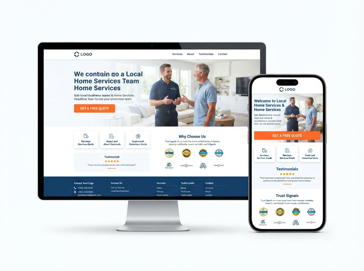Sample Website Redesign: after state showing a clean modern homepage with strong headline, visible trust signals, professional photography hero, and prominent orange call-to-action with mobile layout