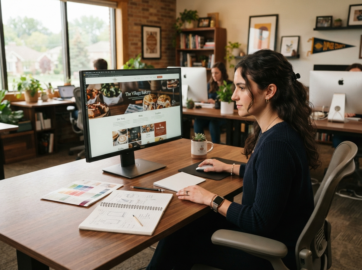 Web designer reviewing website layout designs on a monitor in a professional office environment