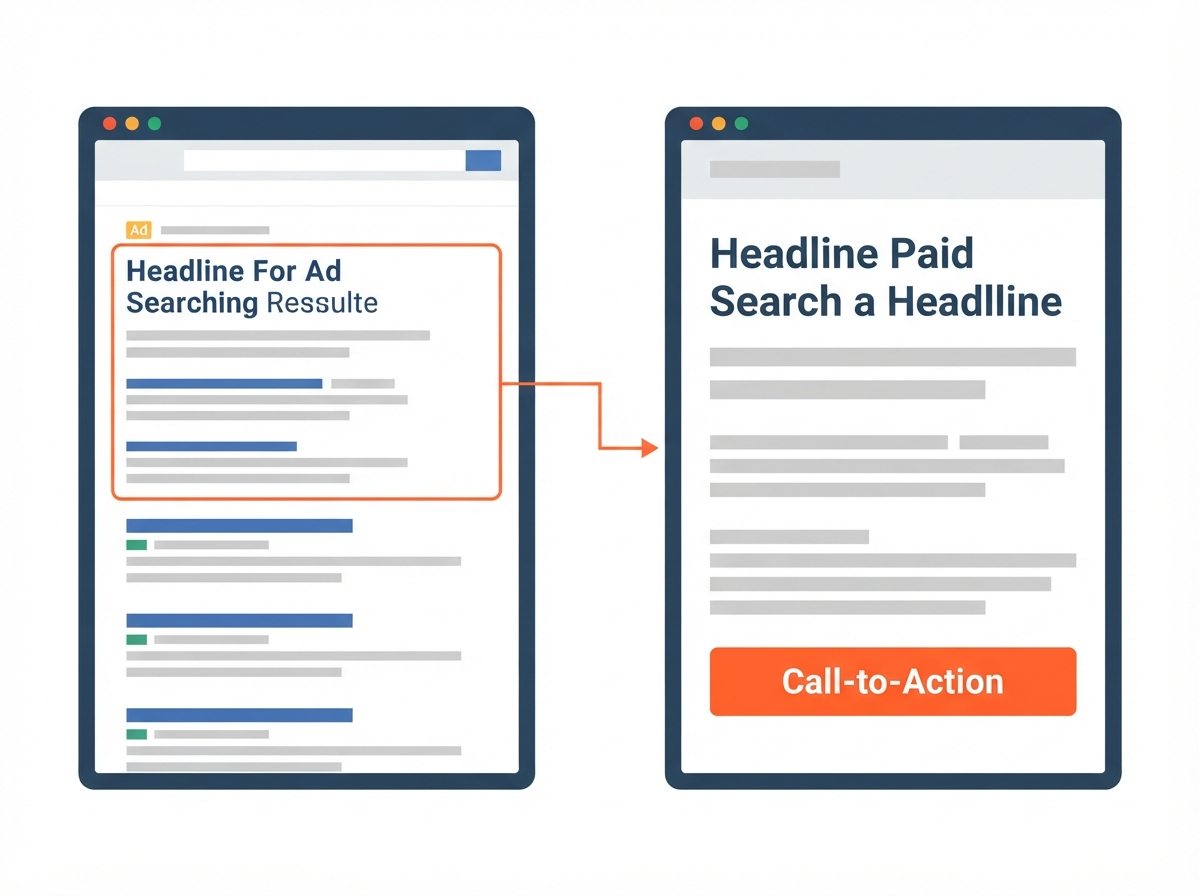 Illustrative ad-to-landing-page alignment showing a paid search ad on the left connected by an orange arrow to a matching focused landing page on the right