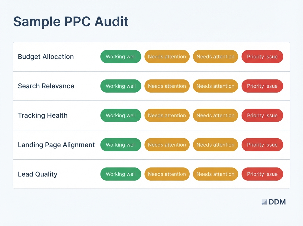 Sample PPC audit scorecard showing five evaluation rows: Budget Allocation, Search Relevance, Tracking Health, Landing Page Alignment, and Lead Quality with colored status badges