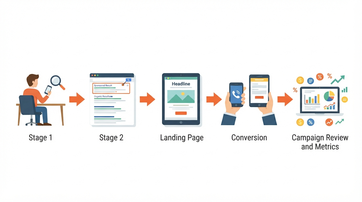 Five-stage PPC flow diagram: Customer searches, your ad appears as a Sponsored result, customer visits a focused landing page, customer calls or submits a form, lead quality and campaign cost are reviewed