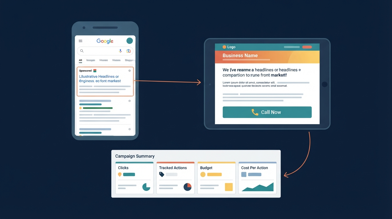 Illustrative PPC campaign example showing a smartphone search with a Sponsored result, a matching landing page, and a small campaign summary panel with metrics