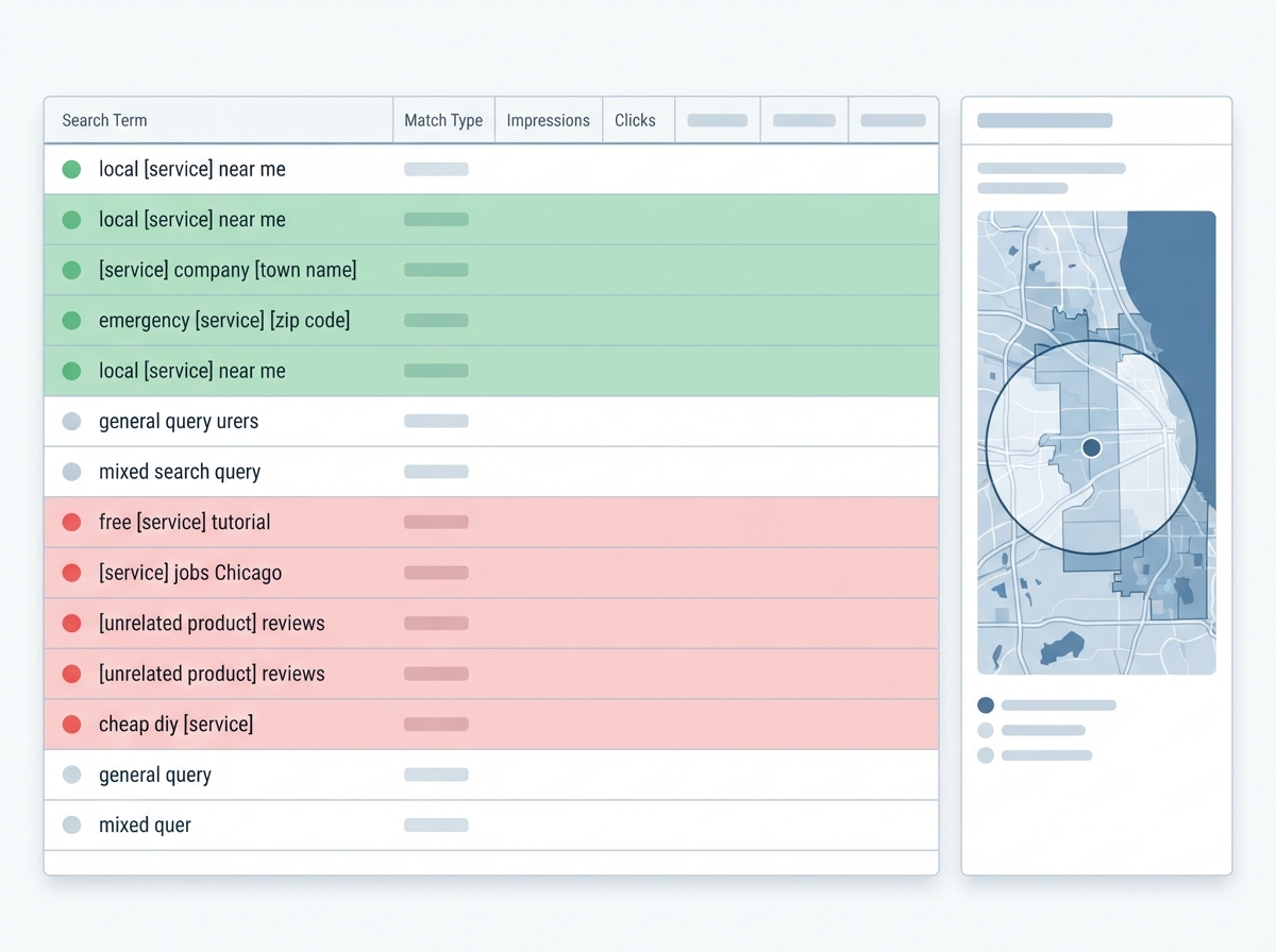 Illustrative search-term audit report showing relevant and irrelevant search queries with colored indicators and a geographic targeting map of DuPage County area