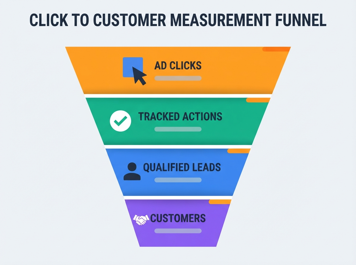 Click-to-customer funnel diagram showing four stages: Ad Clicks (widest), Tracked Actions, Qualified Leads, and Customers (narrowest) with icons and orange accents