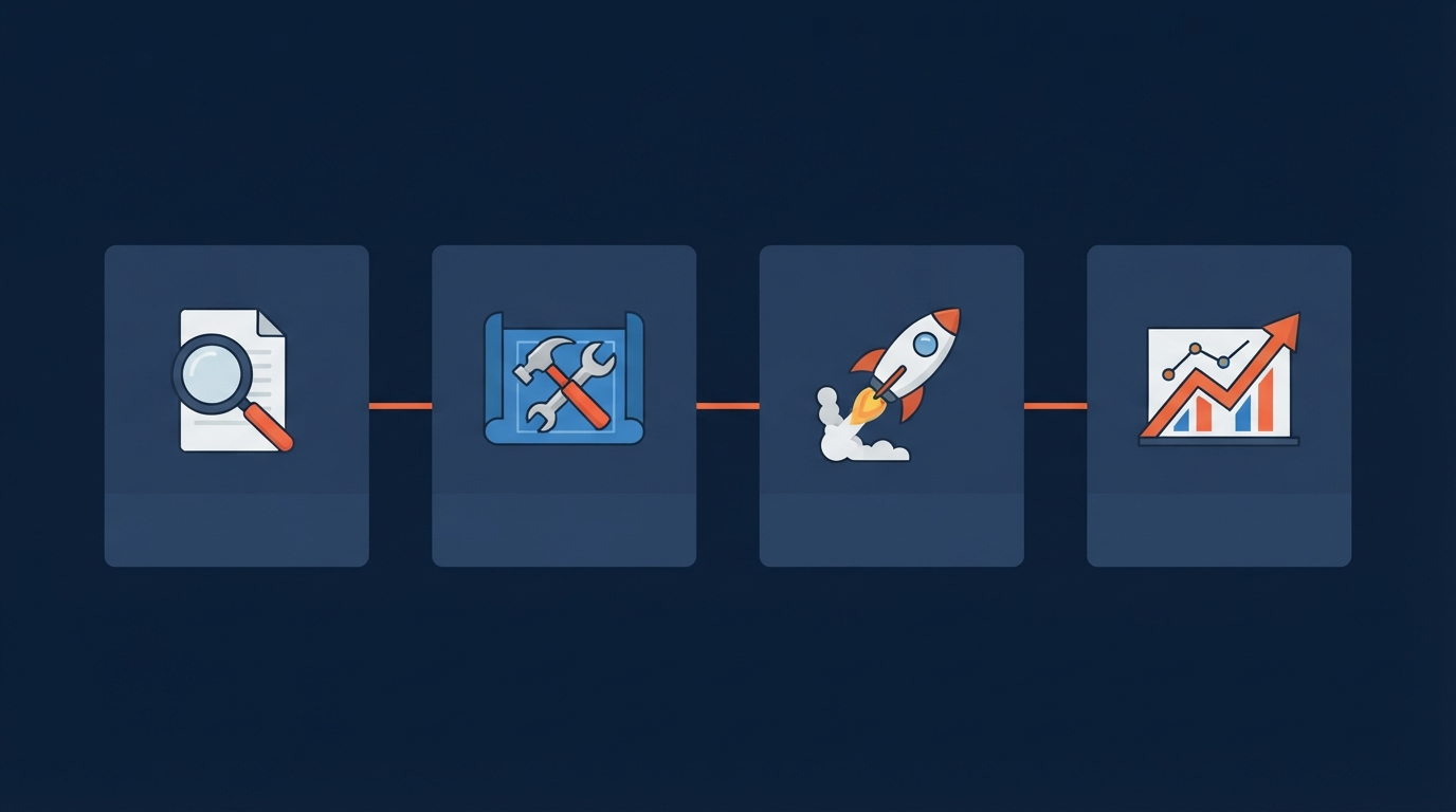 Four-step PPC campaign process timeline on a navy background: Audit and Define, Build the Campaign, Verify and Launch, and Improve What Matters, connected by an orange line