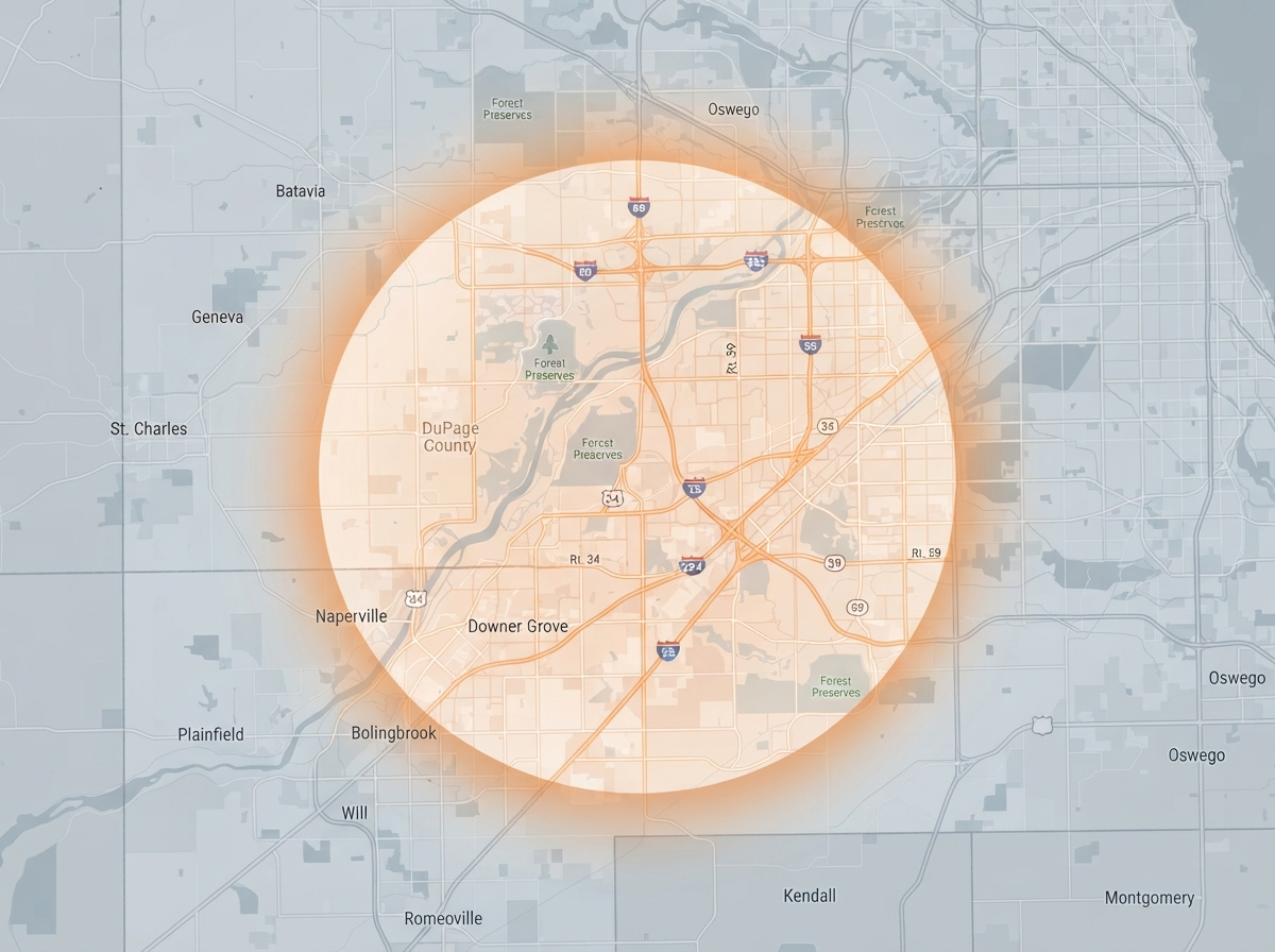Geographic targeting map showing DuPage County and surrounding Kane, Kendall, and Will counties with a campaign service-area radius overlay in orange