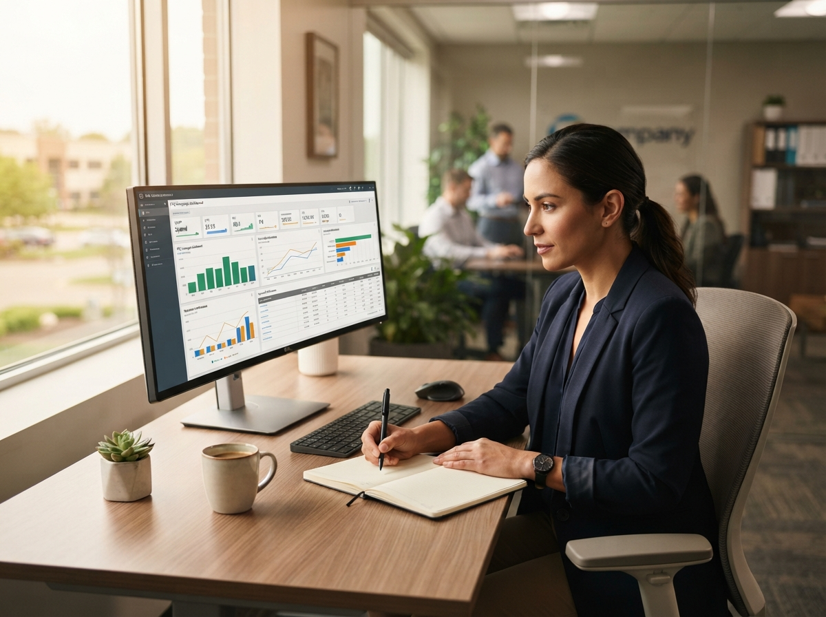 Marketing consultant reviewing a PPC campaign dashboard on a monitor and taking notes in a professional office environment