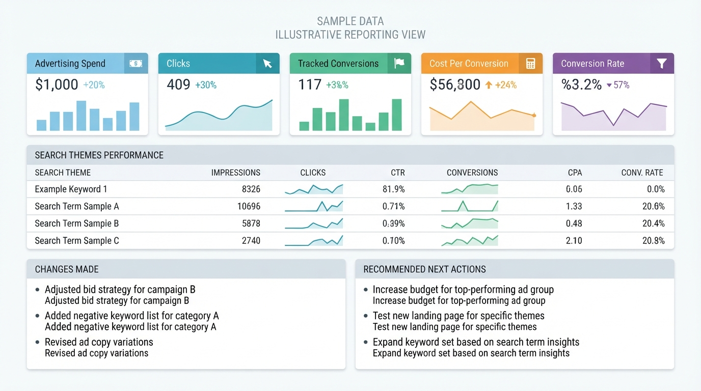 Sample PPC reporting dashboard showing metric cards for Advertising Spend, Clicks, Tracked Conversions, Cost Per Conversion, and Conversion Rate, a search themes table, and sections for changes made and recommended next actions