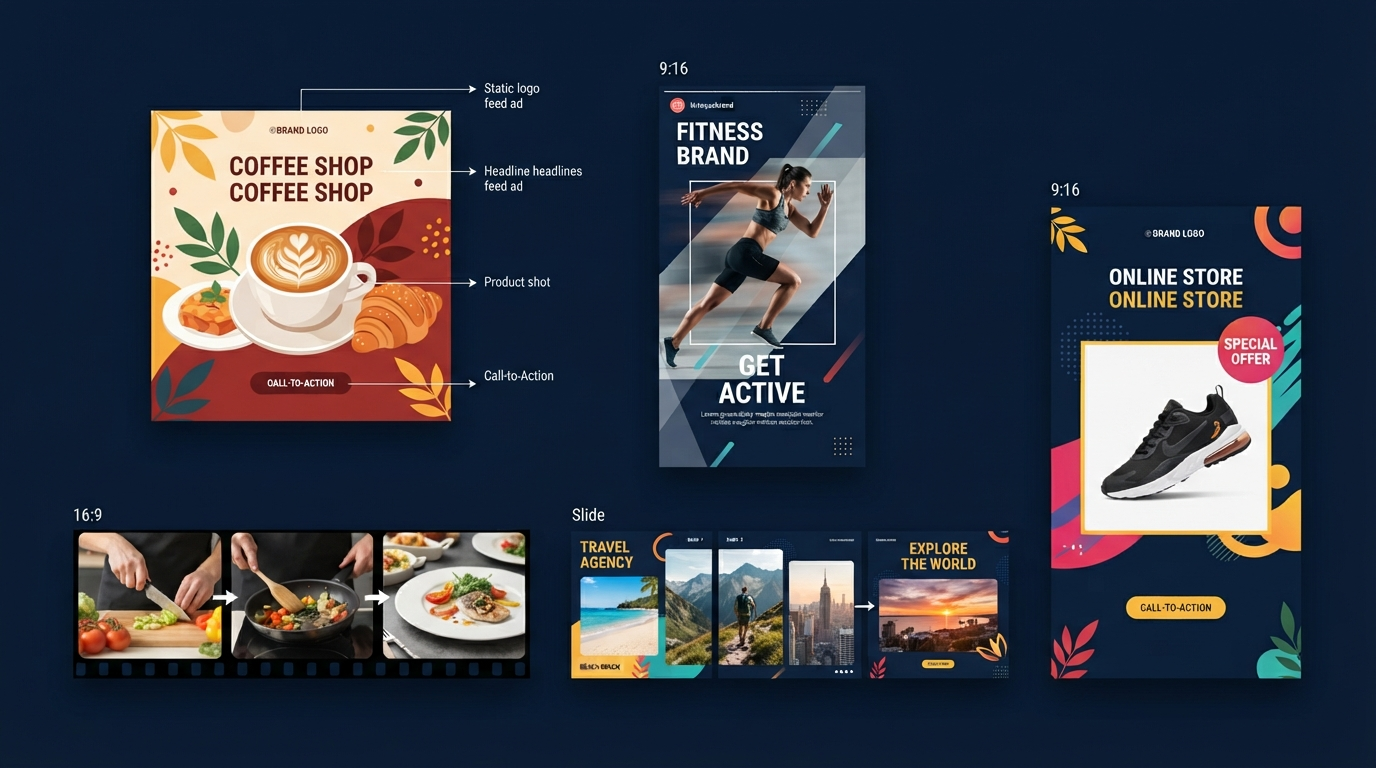 Social media ad creative gallery showing five format types: a square static feed ad, a vertical Instagram Story format, a short video storyboard strip, a carousel multi-image sequence, and a retargeting variation ad, with one ad annotated showing immediate hook, customer value, visual hierarchy, and call to action