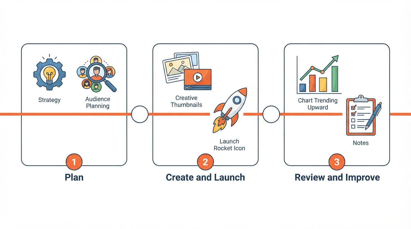 Three-step campaign process timeline: Plan with audience and objective definition, Create and Launch with creative build and tracking verification, Review and Improve with performance analysis and campaign adjustments