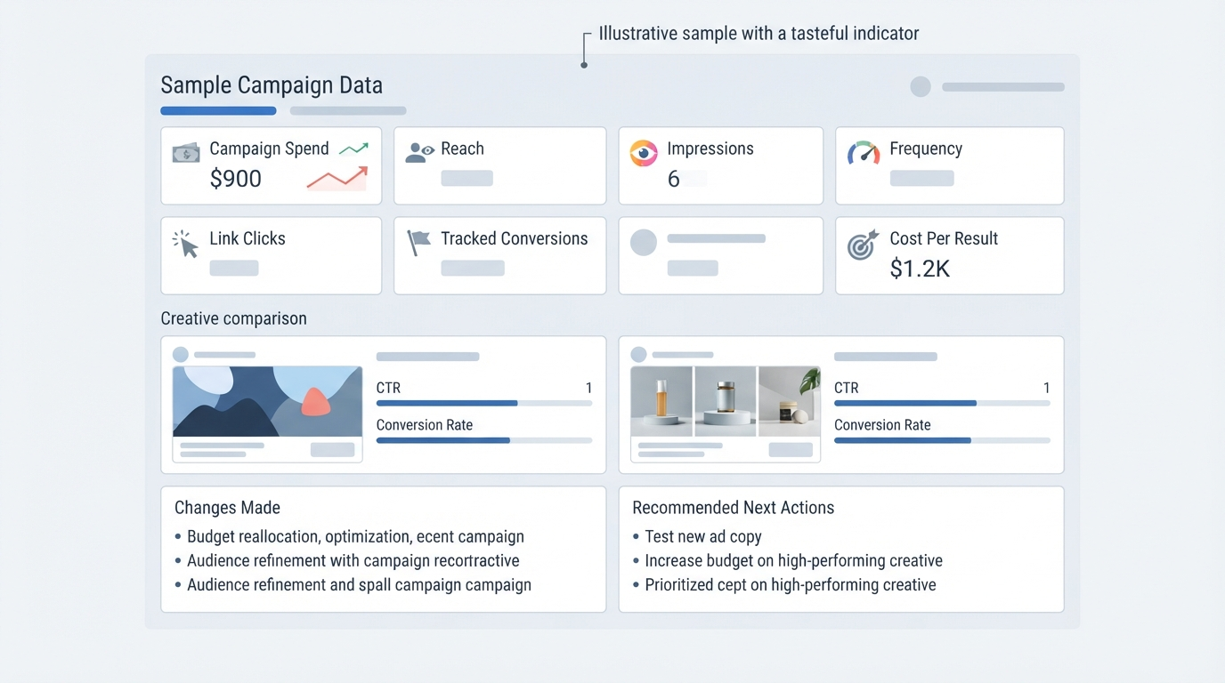 Sample social media campaign report showing metric cards for Campaign Spend, Reach, Impressions, Frequency, Link Clicks, Tracked Conversions, and Cost Per Result, plus a creative comparison and next-actions section