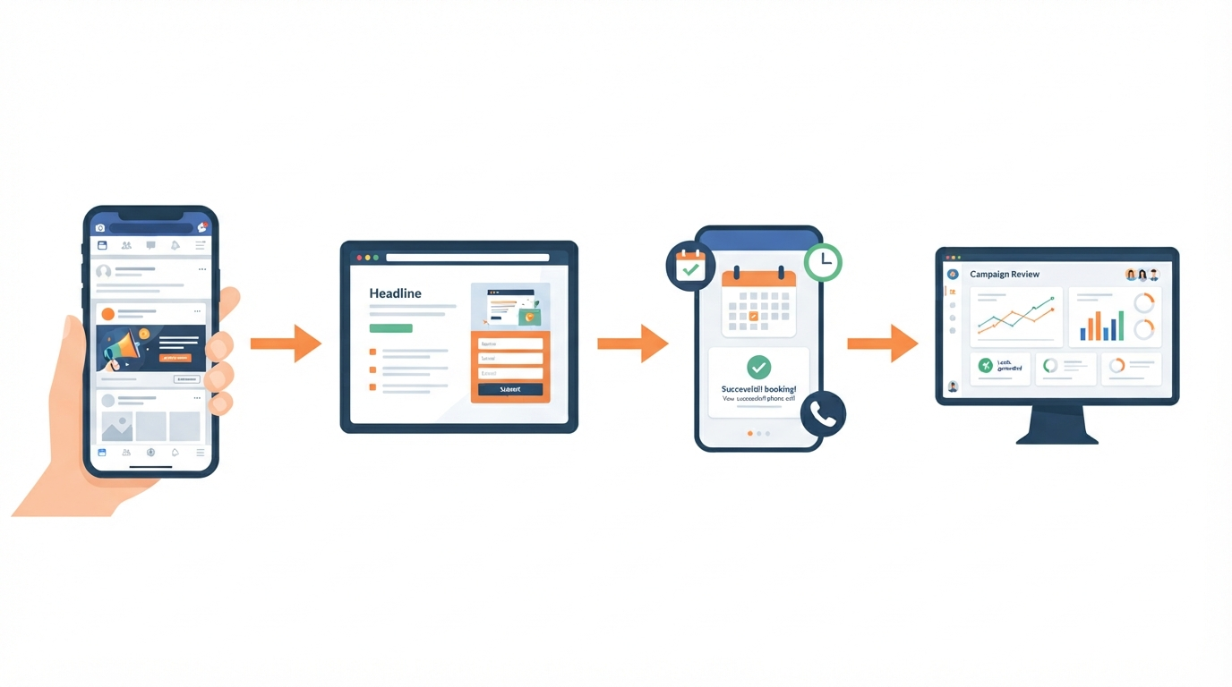 Four-stage customer journey: customer sees the social ad, visits a focused landing page or lead form, calls or books an appointment, and DDM reviews campaign activity and available lead signals