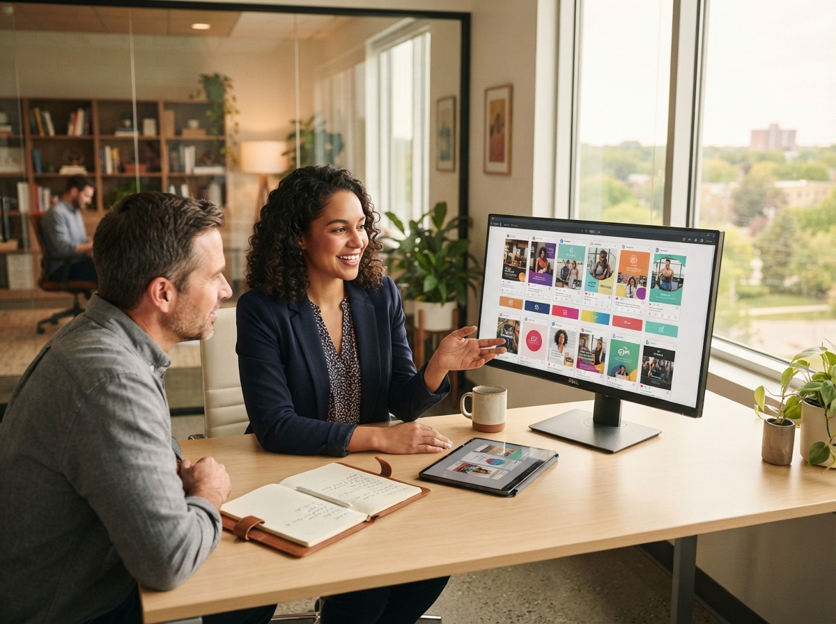 Marketing professional reviewing social media ad creative designs on a monitor in a professional office environment