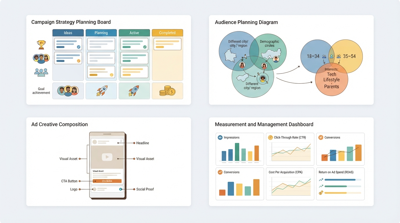Four-panel program overview showing campaign strategy planning, audience planning, ad creative, and measurement and management components of a social advertising program