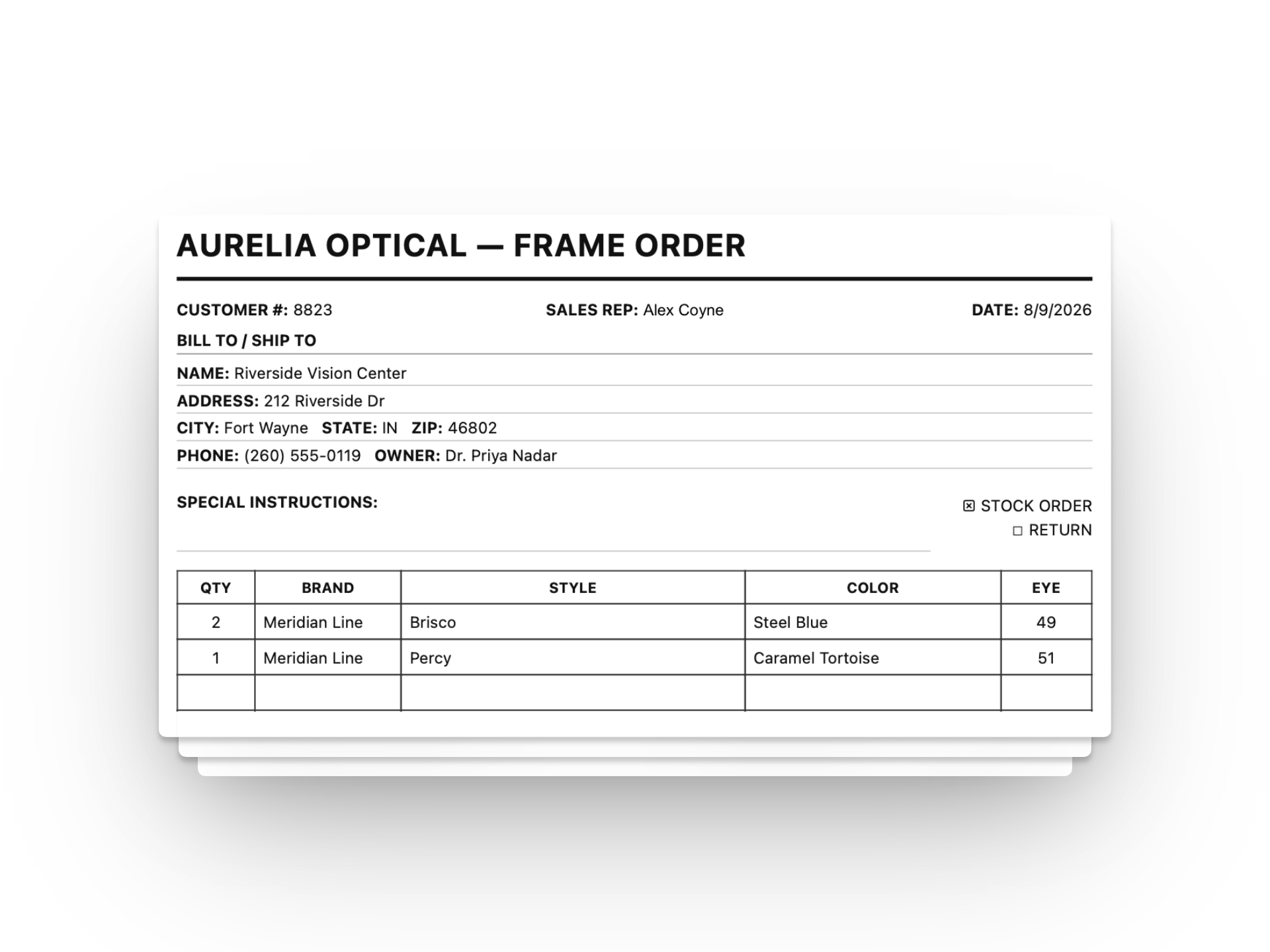 Order split into manufacturer forms — Northline Optical, Vantage Frames, and Morrow Eyewear each ready to send