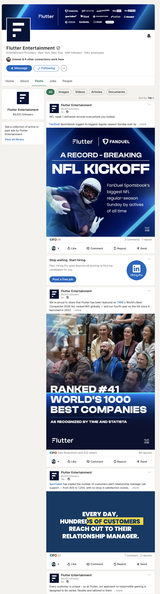 Flutter Entertainment LinkedIn content