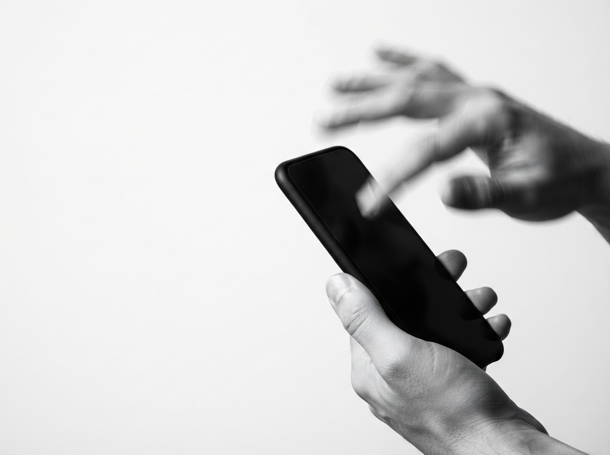 Monochrome studio photograph of hands scrolling on a smartphone