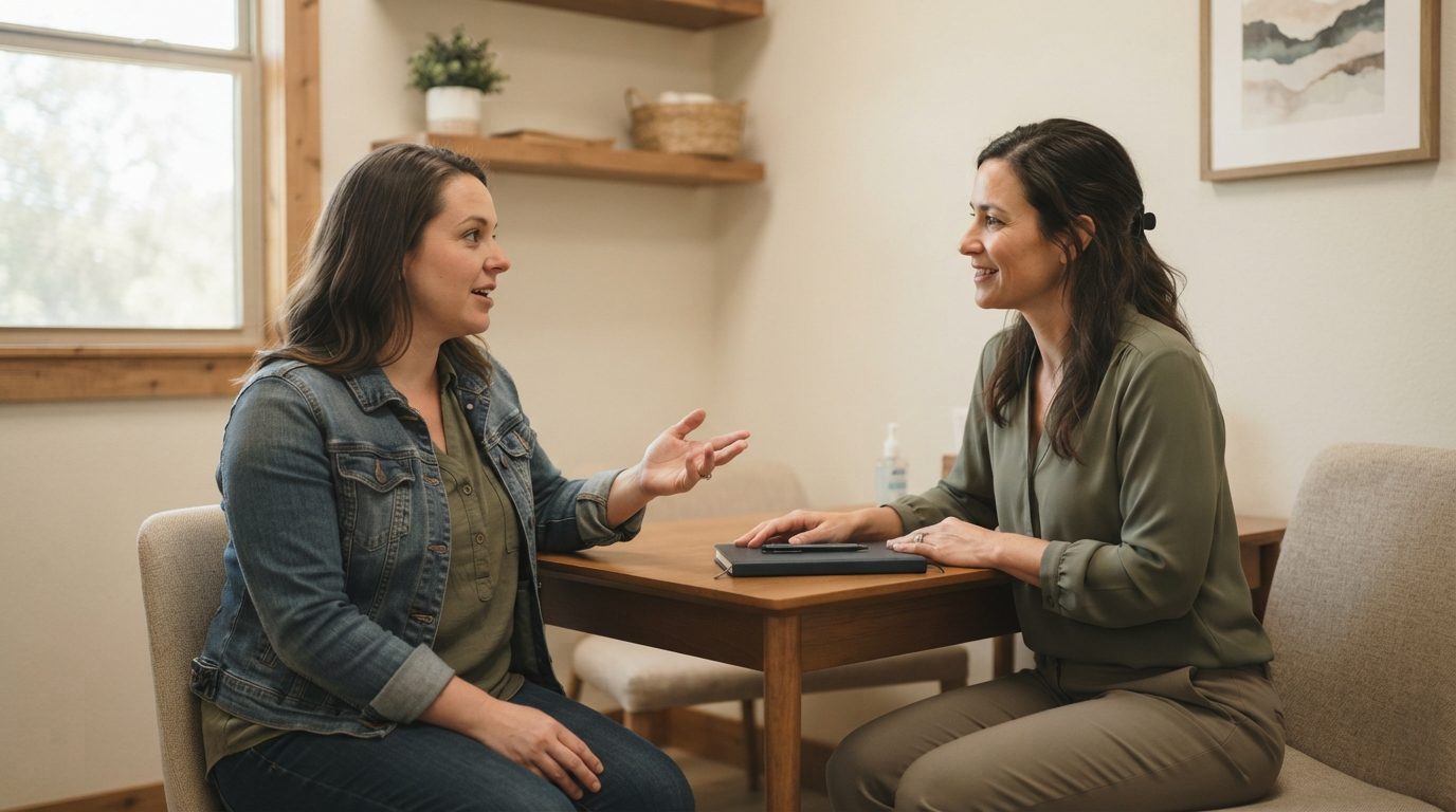 Clinician listening to a patient during a primary care consultation