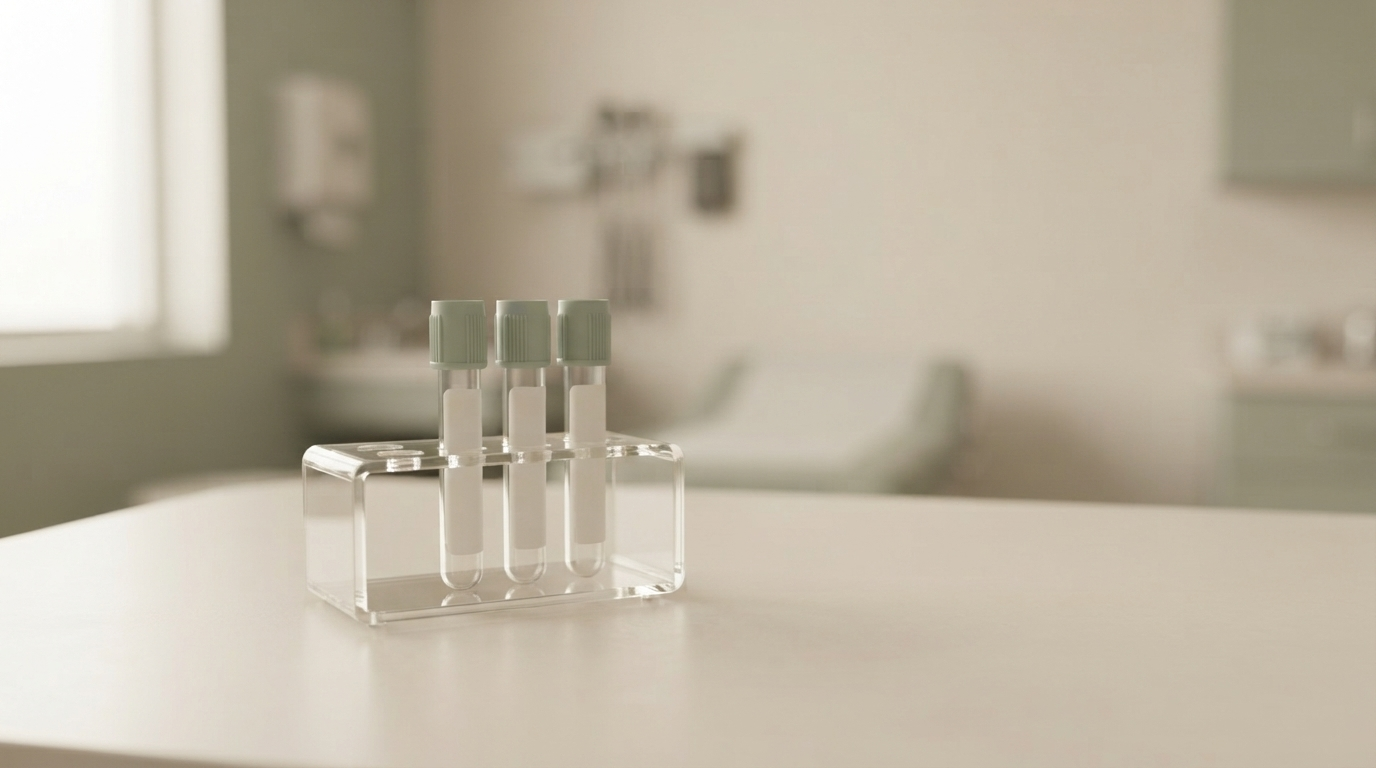 Blood collection tubes resting in a rack on a clean clinic counter
