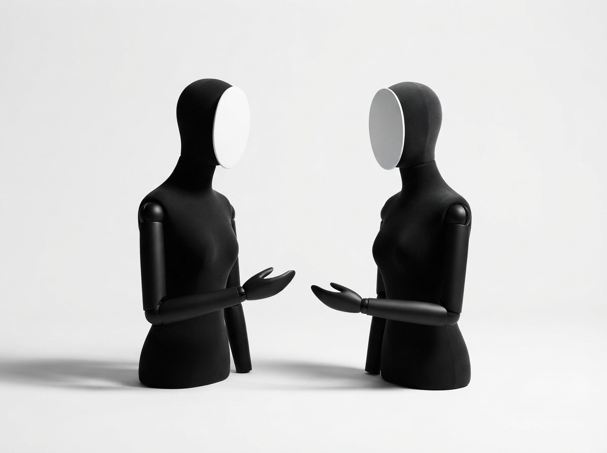 Monochrome studio photograph of two abstract figures facing each other in conversation