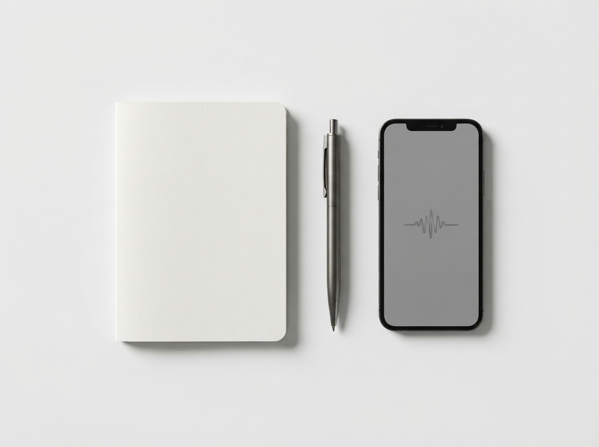 Monochrome top-down photograph of a notebook, pen and smartphone for capturing content ideas
