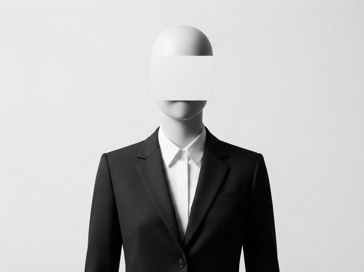 Monochrome studio photograph of a figure in a blazer with their face covered by a blank card, representing a clear professional profile