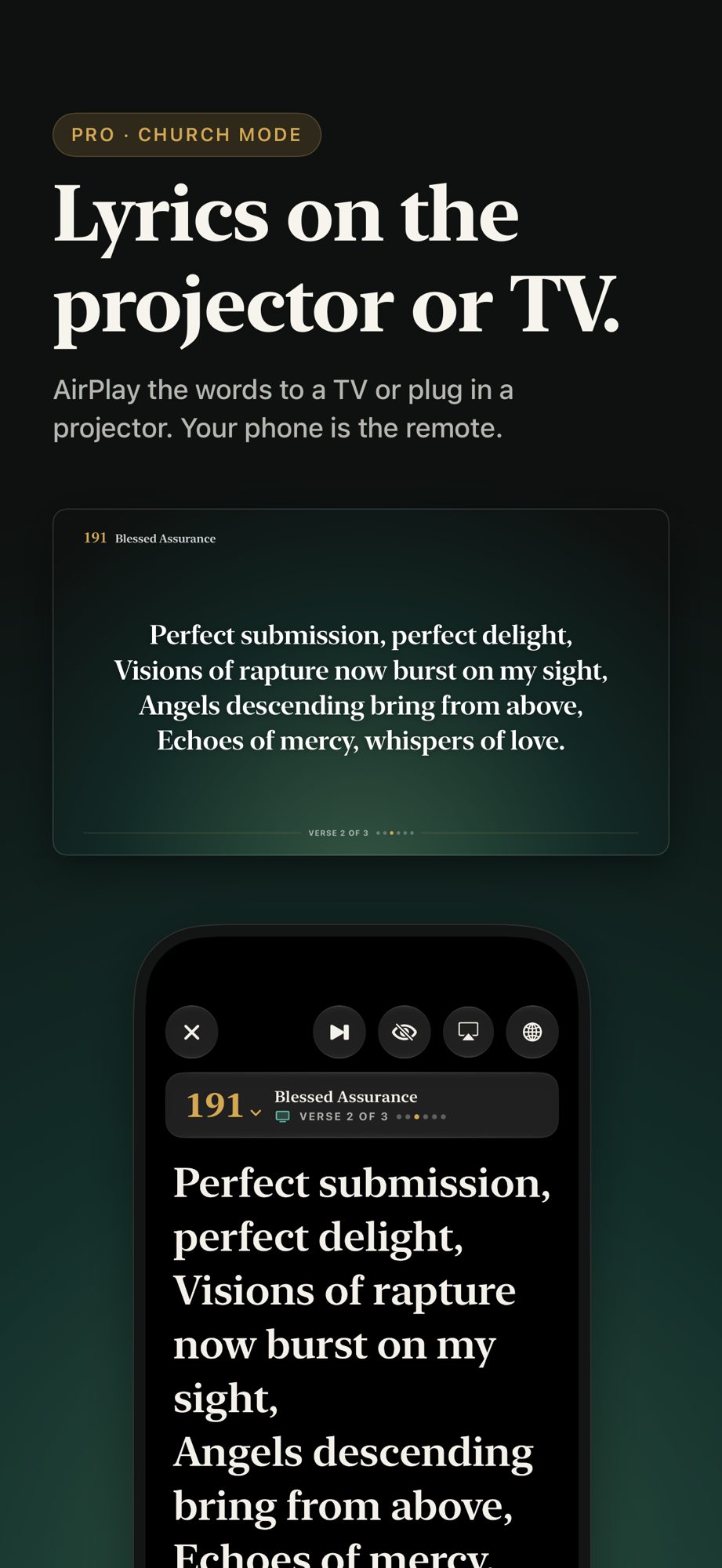 Church mode putting hymn lyrics on a TV or projector, with the phone as the remote.