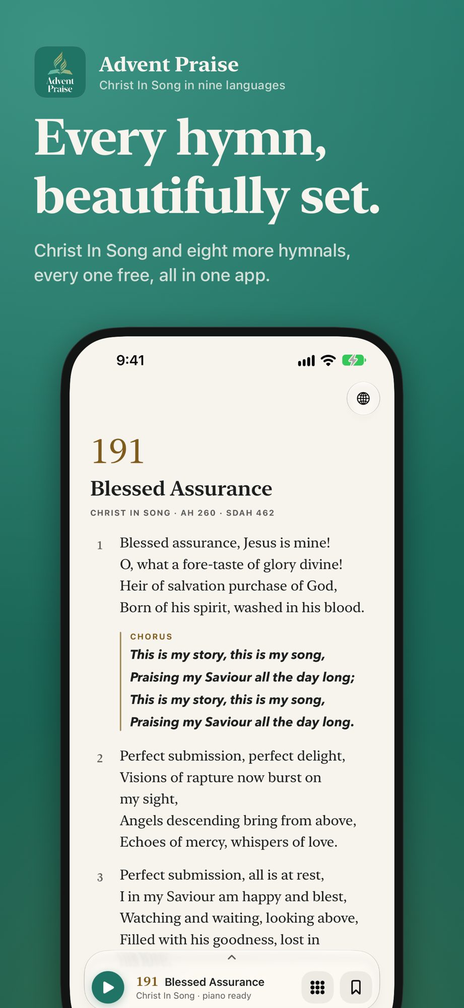 The hymn reader showing Blessed Assurance, with the words of every verse and the chorus.