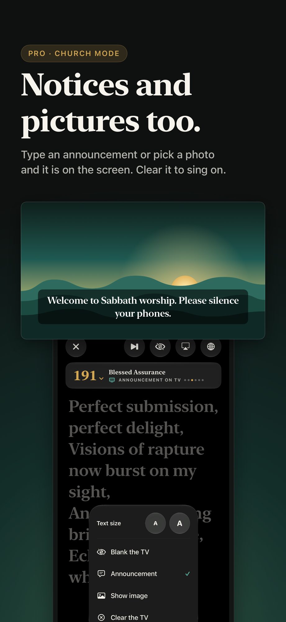 A welcome announcement and a picture shown on the church screen, with the phone controls below.