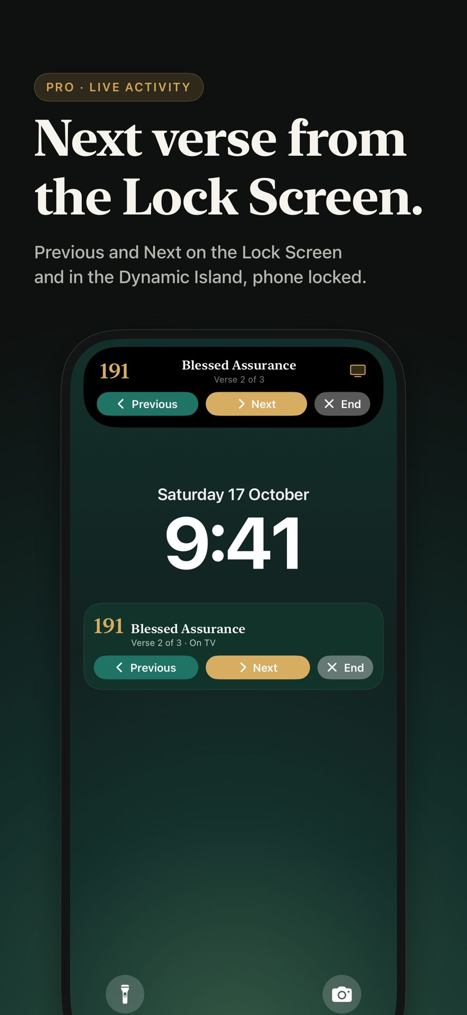 Live Activity on the Lock Screen and Dynamic Island with Previous and Next verse controls.