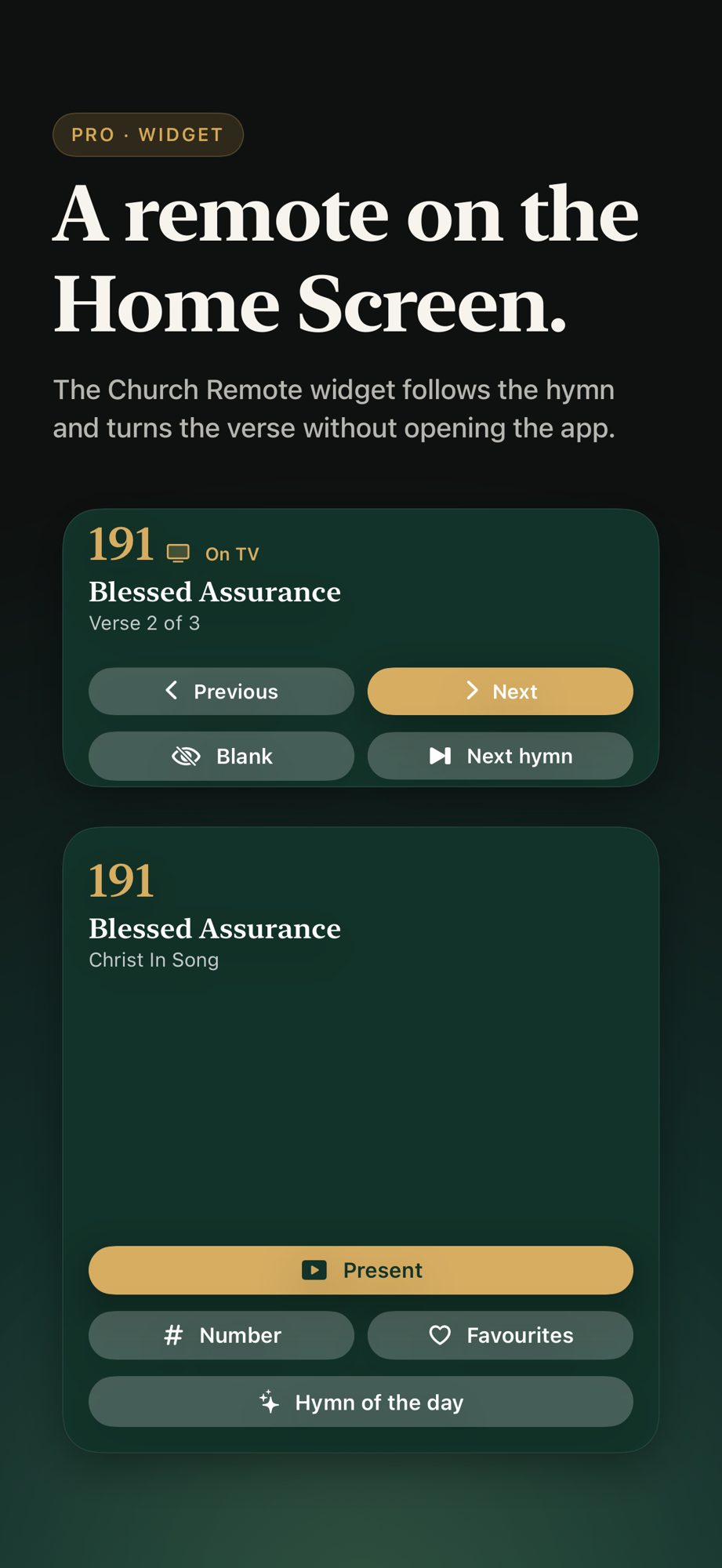 The Church Remote widgets on the Home Screen.