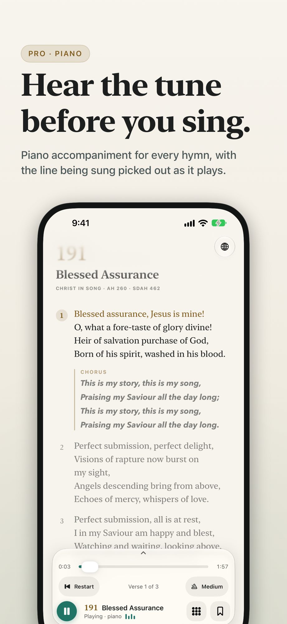 The hymn reader with piano playback controls open at the bottom of the screen.