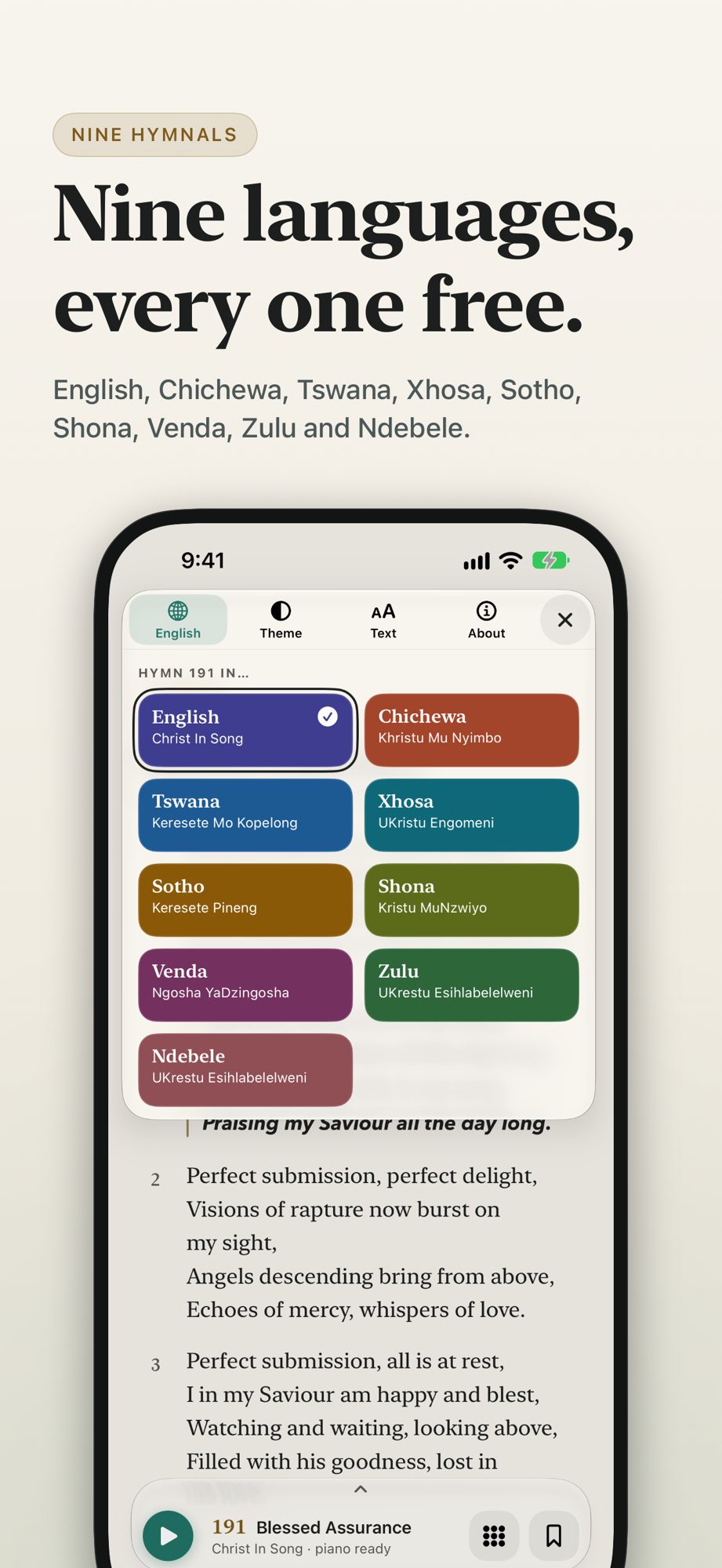 The hymnal picker showing nine languages: English, Chichewa, Tswana, Xhosa, Sotho, Shona, Venda, Zulu and Ndebele.