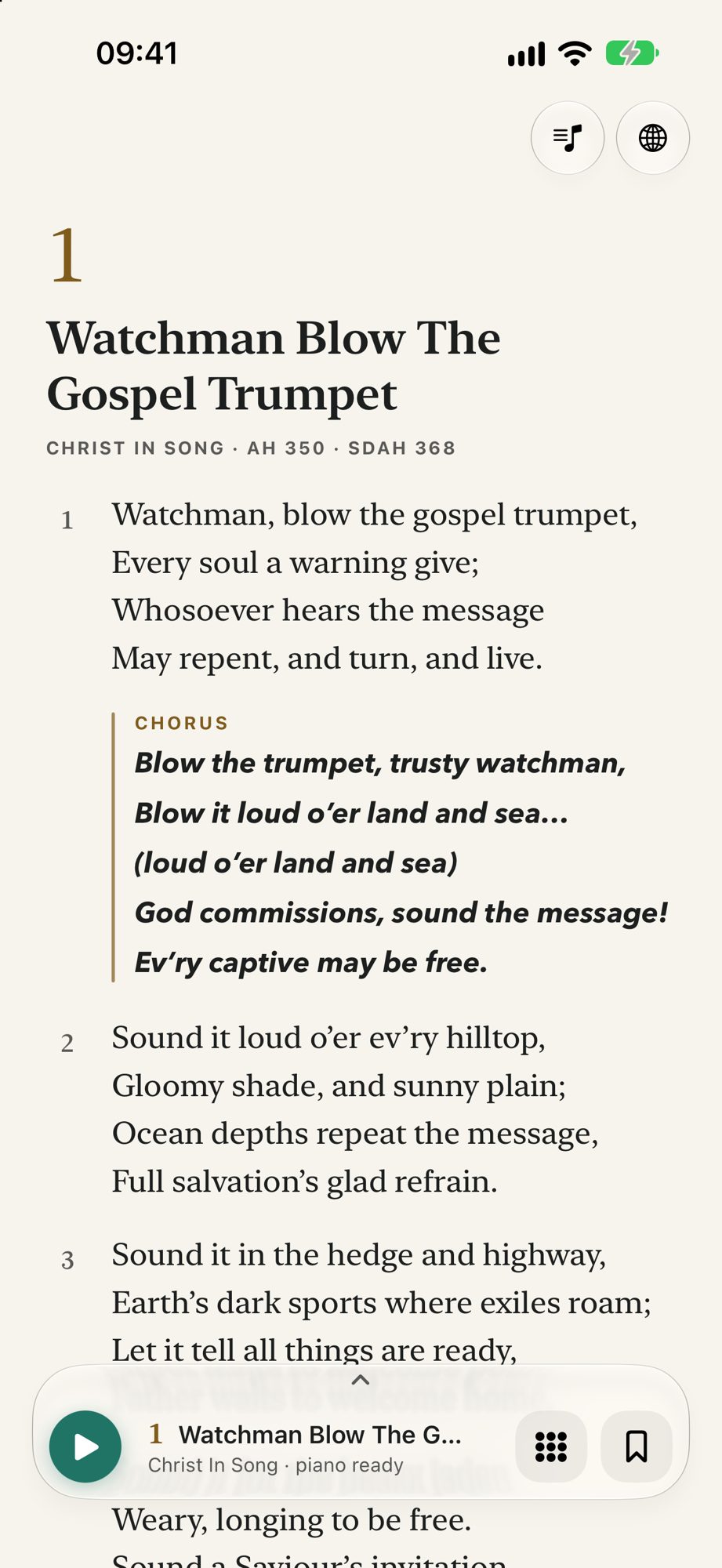 The hymn reader open on Watchman Blow The Gospel Trumpet, with the sheet music button beside the language button at the top right.