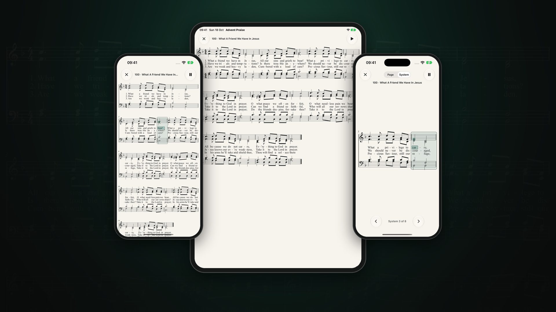 Sheet music for What A Friend We Have In Jesus on two iPhones and an iPad, with the line being sung highlighted.