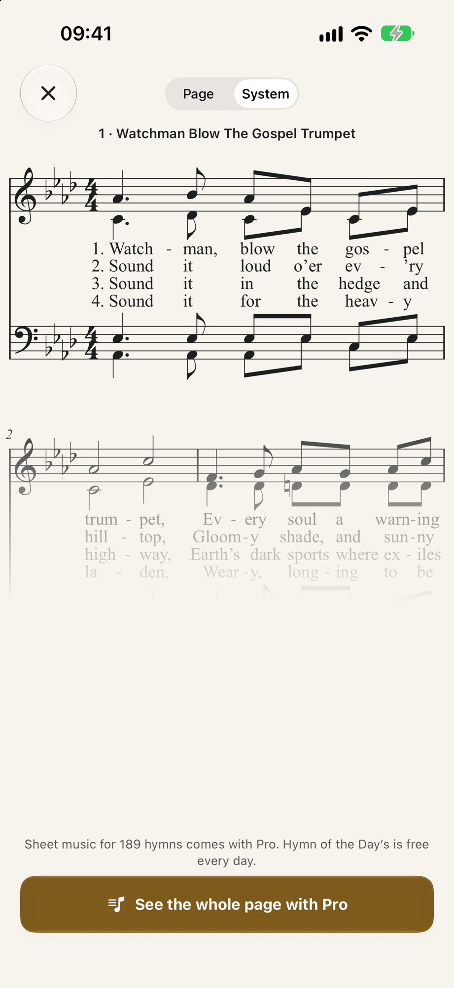 Sheet music in System view for Watchman Blow The Gospel Trumpet, showing the first line of music large.