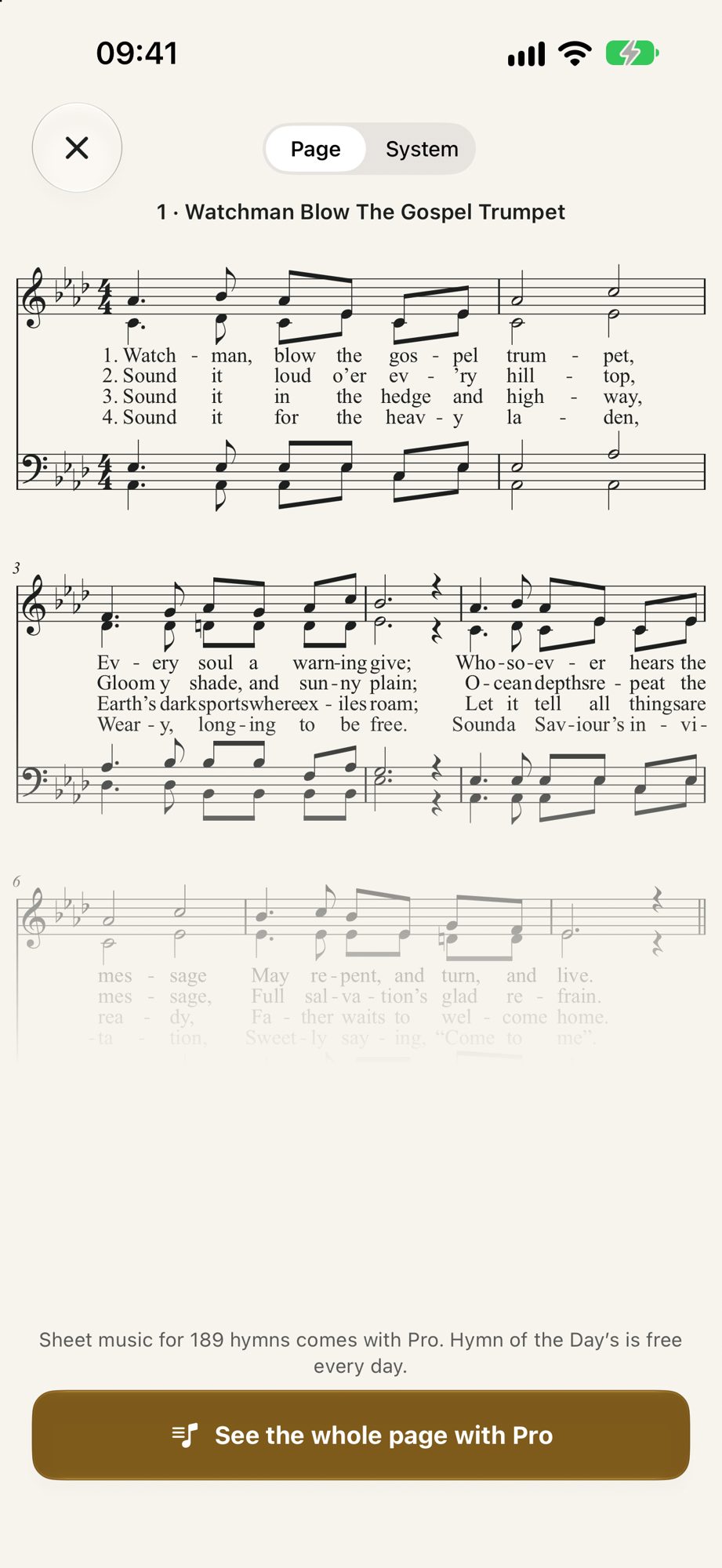 Sheet music in Page view for Watchman Blow The Gospel Trumpet, with the Page and System switch at the top.