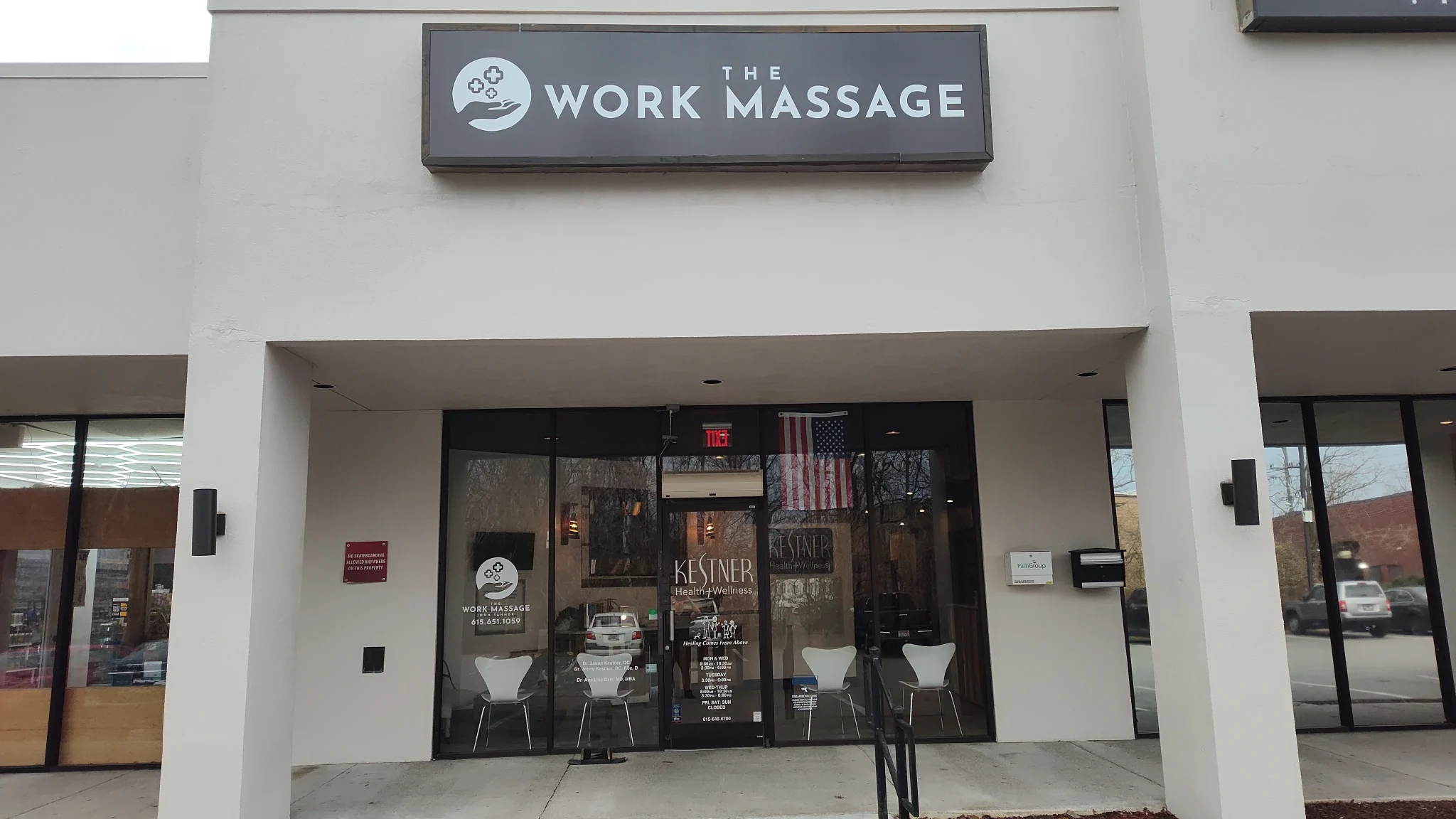 Storefront entrance of The Work Massage