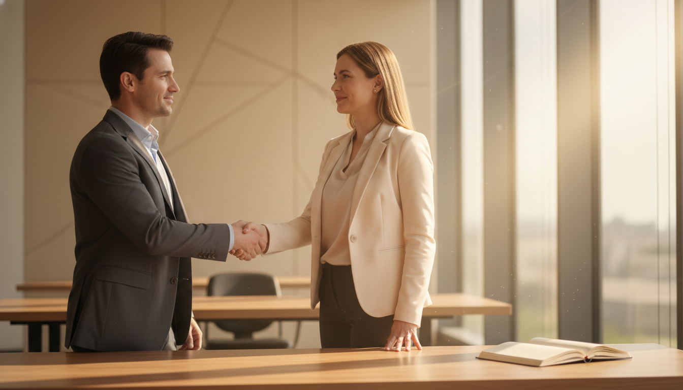 Professional handshake in a modern office
