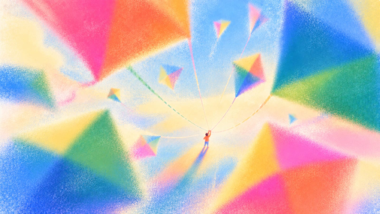 Colorful pastel illustration of large kites in pink, orange, yellow, blue and green, with a small person flying kites in the center