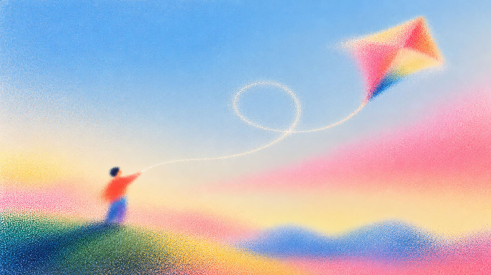 Illustration of a person on a grassy hill flying a pink and orange kite in a soft blue, pink and yellow sky