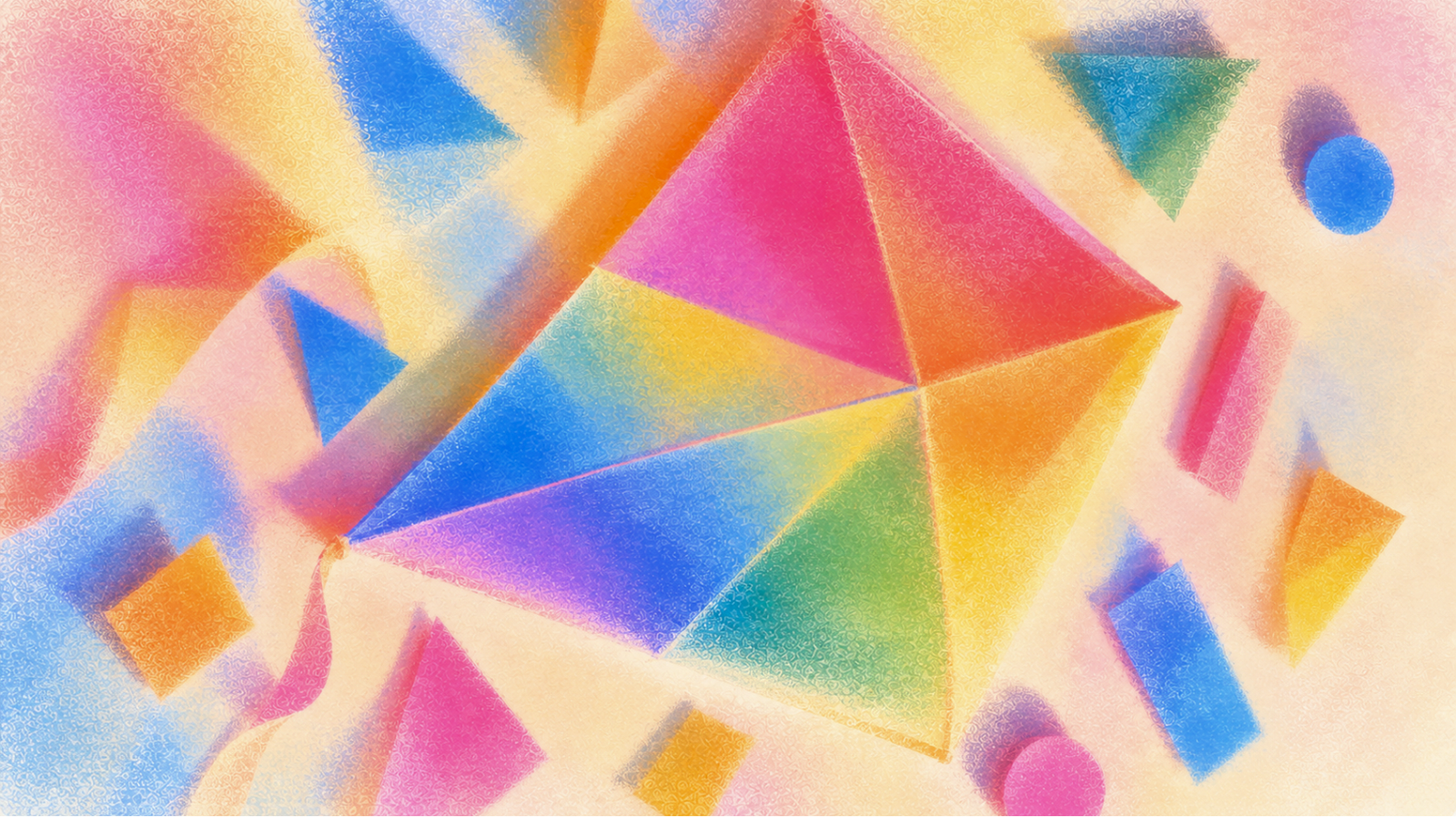 Textured pastel illustration of a large multicolored geometric kite in pink, orange, yellow, green, blue and purple, surrounded by smaller colorful shapes on a cream background