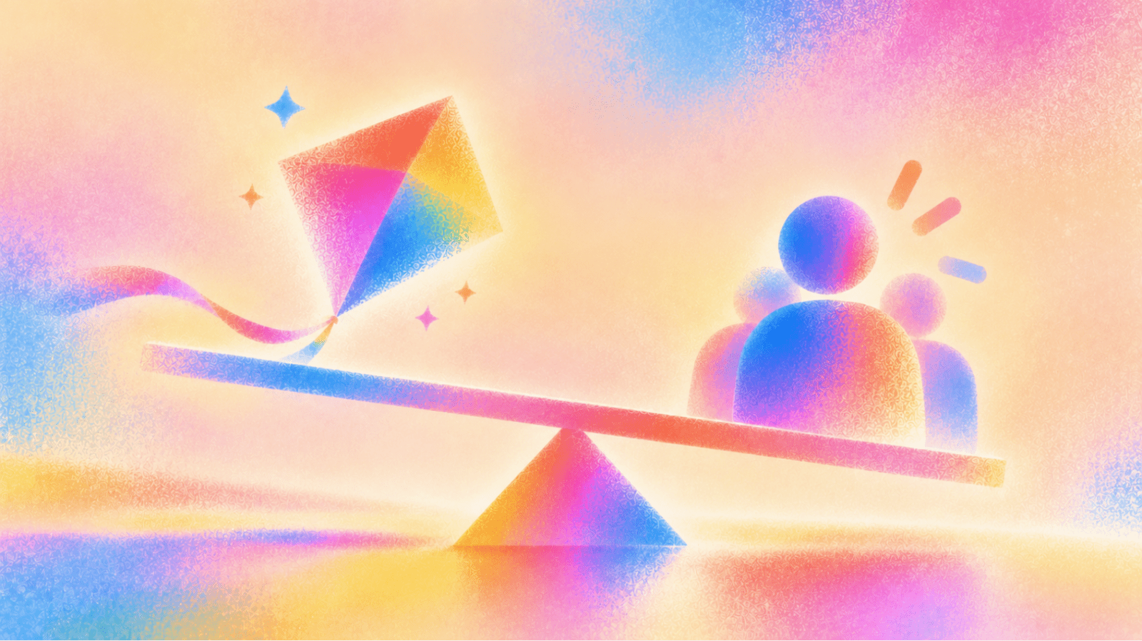 AI marketing agent vs. hiring your first marketer: a rainbow kite on one end of a seesaw balanced against a group of people on the other, in soft pink, blue, orange and yellow gradients