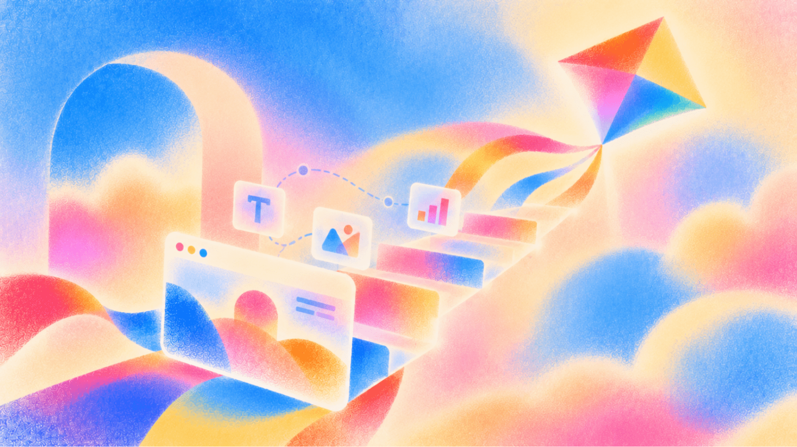 Illustration of a rainbow kite flying above a staircase of floating website, text, image and chart blocks climbing through soft blue, pink and yellow clouds