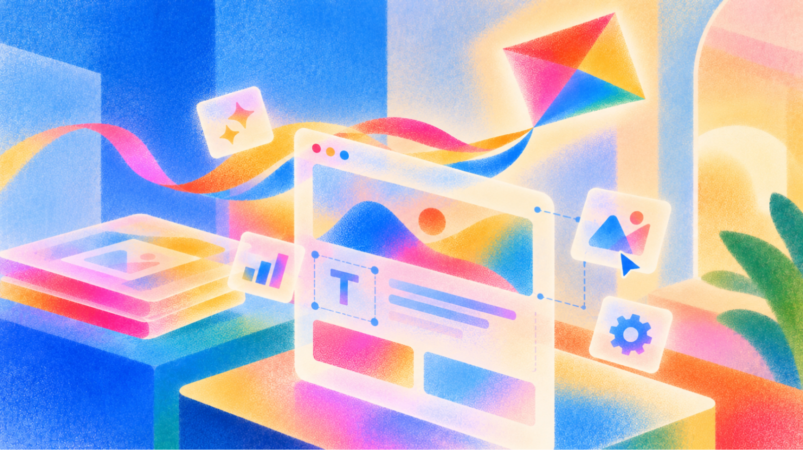Illustration of a rainbow kite trailing a ribbon over a translucent landing-page layout with text, image, chart and settings tiles in blue, pink and yellow gradients