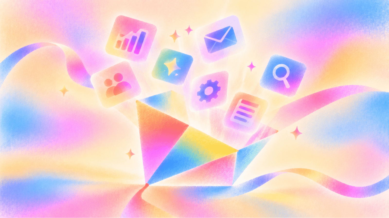 Illustration of a rainbow kite whose ribbons carry chart, email, settings, person, search and document tiles out of a small business bag among colorful clouds