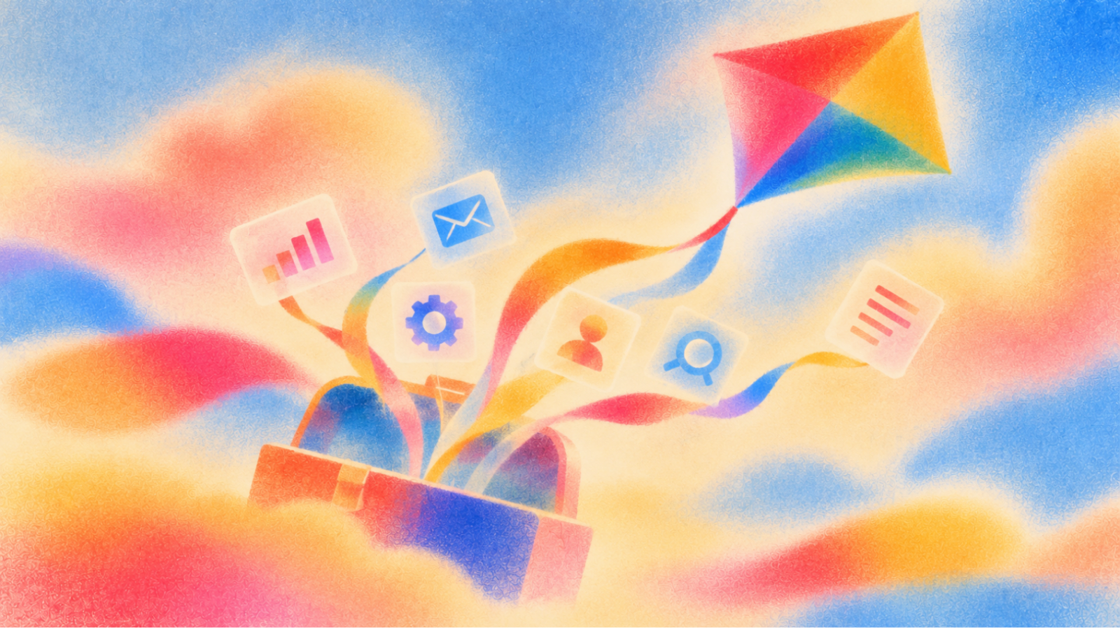 Illustration of a kite-shaped envelope opening to release chart, email, search, people, settings and document tiles above pink, blue and yellow ribbons