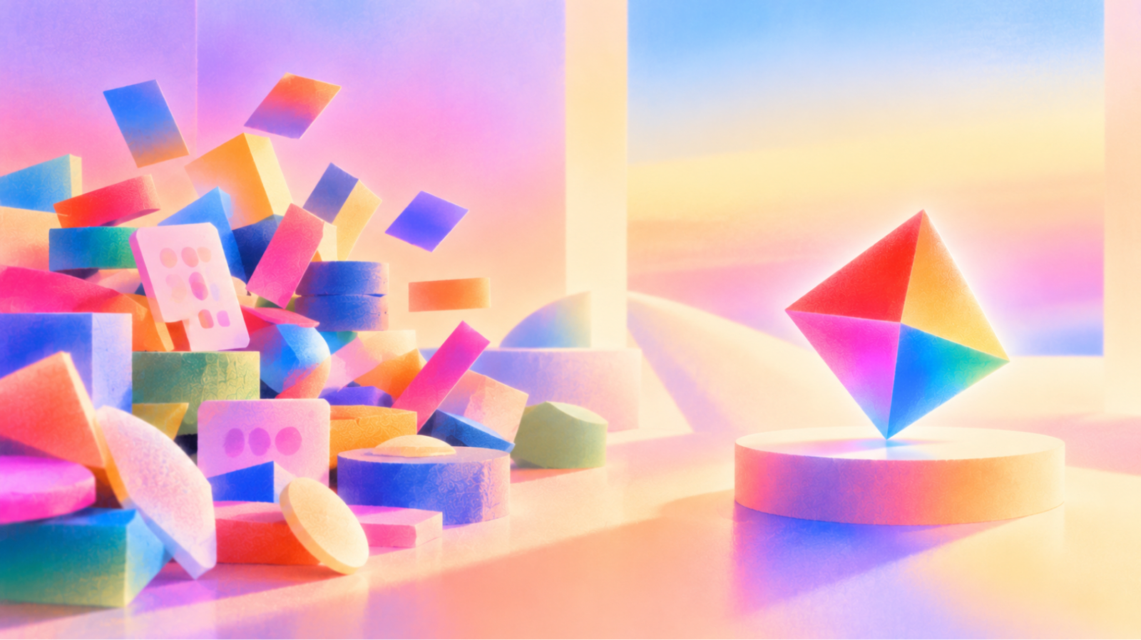Illustration of a pile of tumbling colorful blocks on one side and a single glowing rainbow kite-shaped diamond on a round pedestal on the other, in soft pink, blue, orange and yellow gradients
